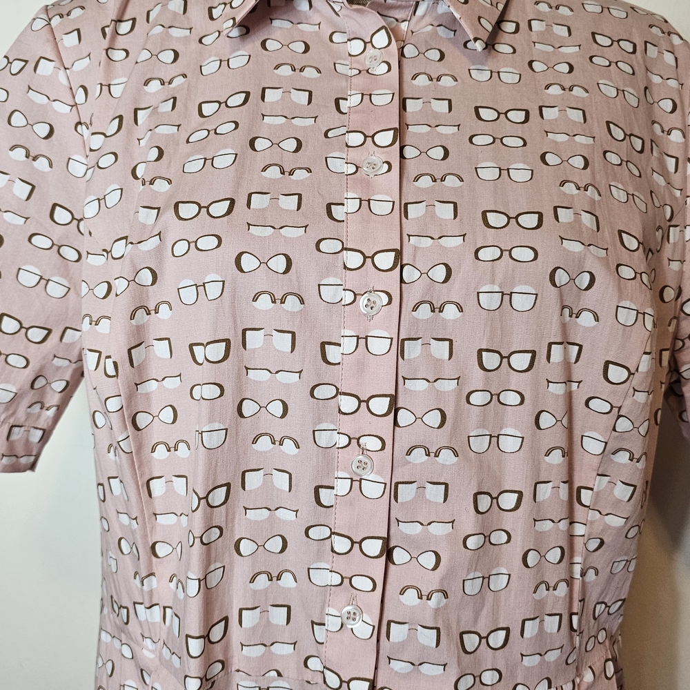 Boden Pink Midi Shirt Dress Size 14 Eyeglass Pattern Whimsical Preppy Eye Doctor - Picture 7 of 14